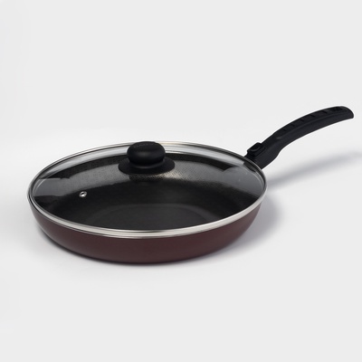 Сковорода «Альфа», d=28 см, съёмная ручка, стеклянная крышка, антипригарное покрытие, алюминий, бордовая