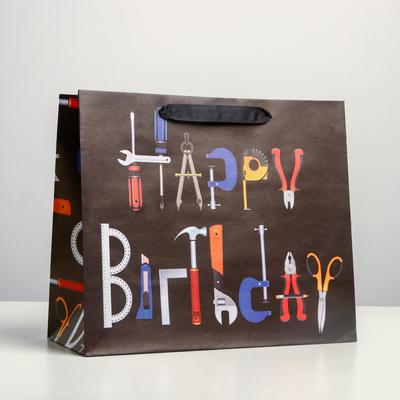 Пакет подарочный крафтовый горизонтальный, упаковка, «Happy birthday», ML 27 х 23 х 11.5 см