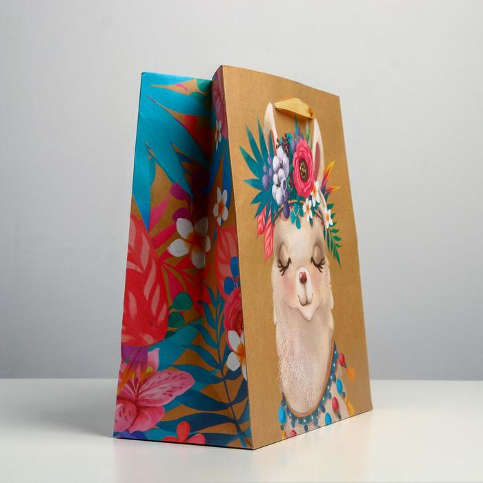 Пакет подарочный крафтовый вертикальный, упаковка, «Лама», ML 23 х 27 х 11,5 см - фото 1911489137