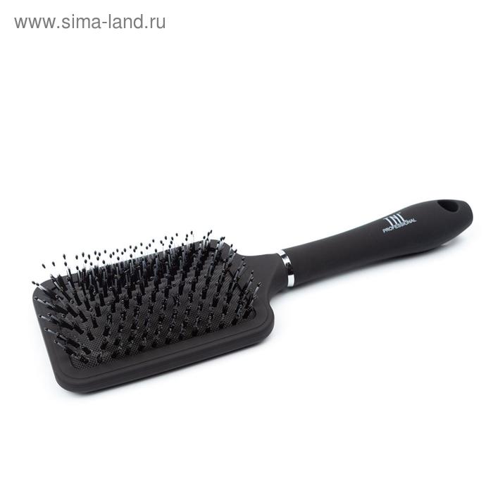 Щетка массажная для волос TNL прямоугольная, нейлоновые штифты и щетина, 40 мм, черная - Фото 1