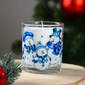 Свеча в стакане новогодняя "Семейство Снеговиков", 7,8х7 см, 27 ч, 265 г, гжель