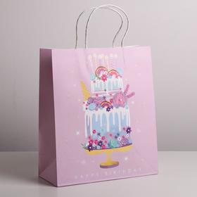 Пакет подарочный крафтовый, упаковка, Happy Birthday, 26 х 30 х 11,5 см