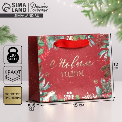 Пакет подарочный новогодний крафтовый «Новогоднее настроение», S 15×12×5.5 см