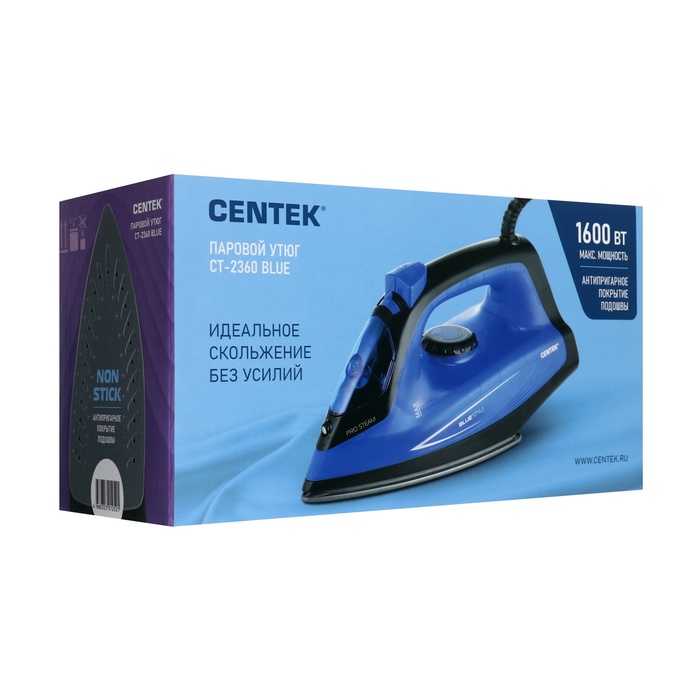 Утюг Centek CT-2360, 1800 Вт, антипригарная подошва, 200 мл, чёрно-синий - фото 51597560