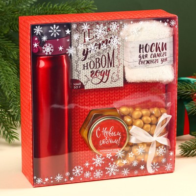 Подарочный набор новогодний «С Новым годом», чай 50 г, крем-мед 120 г, носки 36-39 р, термос 500 мл, арахис в глазури 100 г