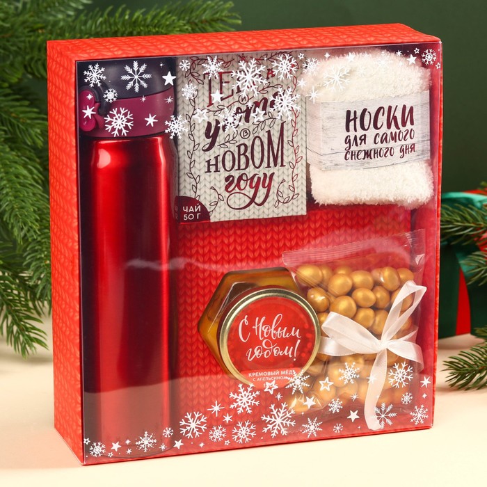 Подарочный набор новогодний «С Новым годом», чай 50 г, крем-мед 120 г, носки 36-39 р, термос 500 мл, арахис в глазури 100 г - Фото 1
