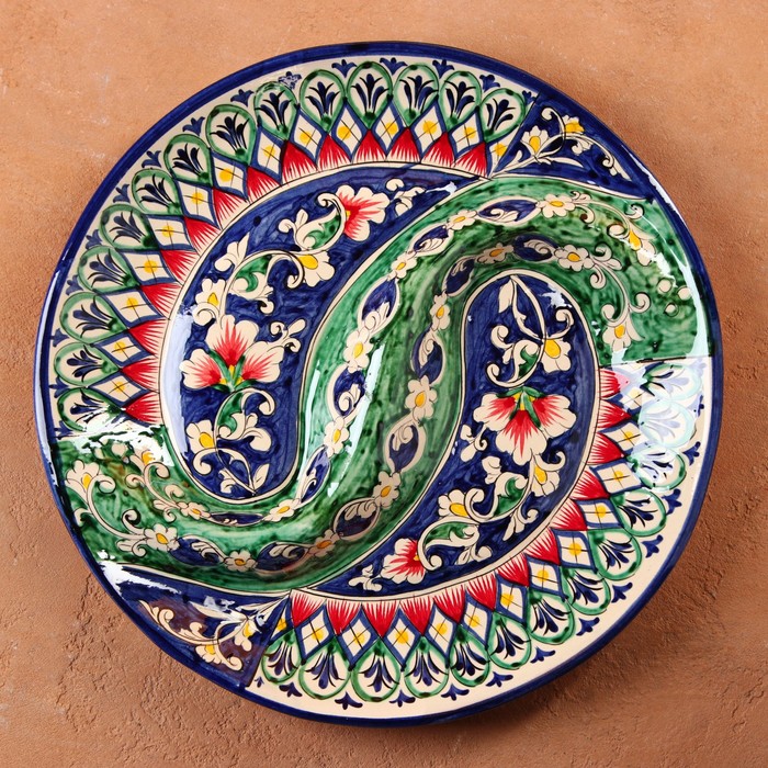 Менажница Риштанская Керамика "Цветы", 32 см, 2-х секционная, синяя - фото 1911490619