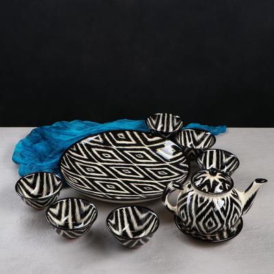 Чайный сервиз Шафран Риштанская Керамика «Атлас», 9 предметов: чайник 800 мл, пиалы 6 шт. 300 мл, ляган, блюдце, белый, чёрный