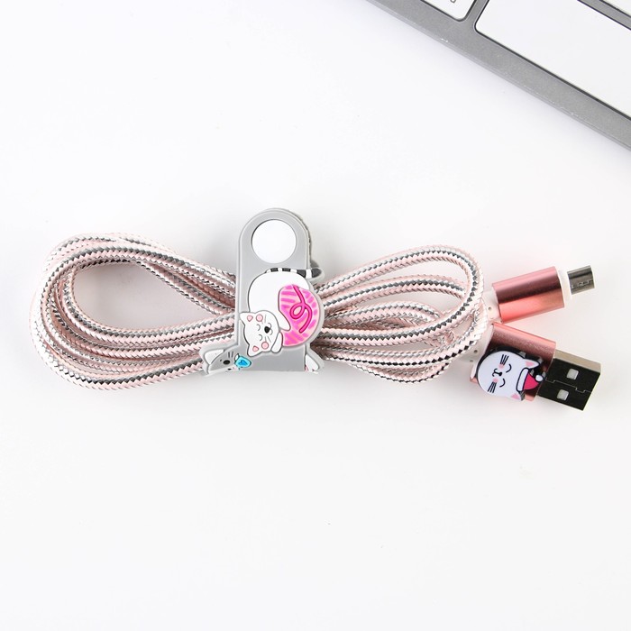 Набор держатель для провода+кабель micro USB «Котики», 1А, 1м - фото 51451377
