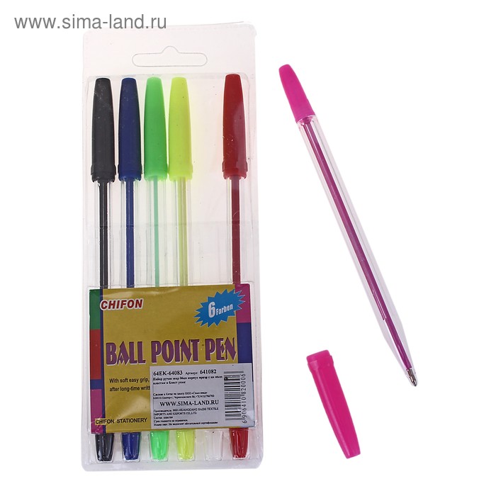 Набор ручек шариковых 06цв. корпус прозрачный с цветным колпачком - Фото 1