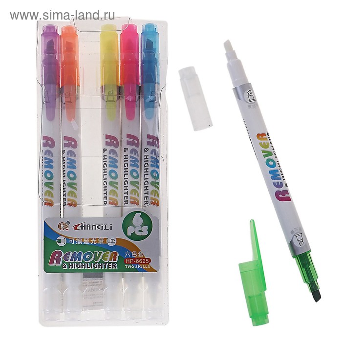 Набор маркеров текстовыделителей 6 цветов двухсторонние ПИШИ-СТИРАЙ микс - Фото 1