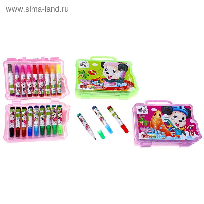 Фломастеры 18 цветов МИНИ с печатями,в пластиковой сумочке,вентилируемый колпачок,МИКС - Фото 1