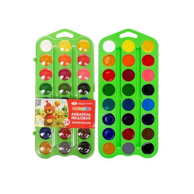 Акварель медовая «ЗХК. Цветик, 24 цвета, без кисти, зелёный пластиковый футляр, 27421677