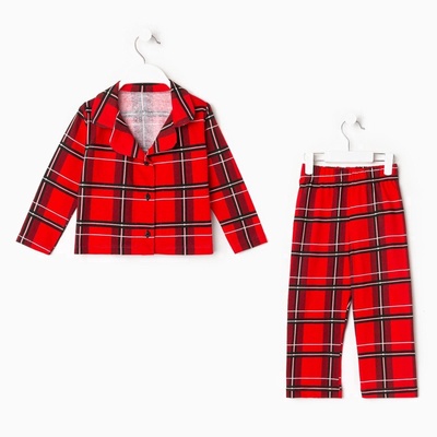 Пижама детская новогодняя (рубашка, брюки) KAFTAN «Клетка», красная, размер 32 (110-116 см)