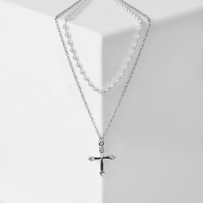 Кулон «Цепь» нить из жемчуга, крестик с окончаниями, цвет белый в серебре, 35 см