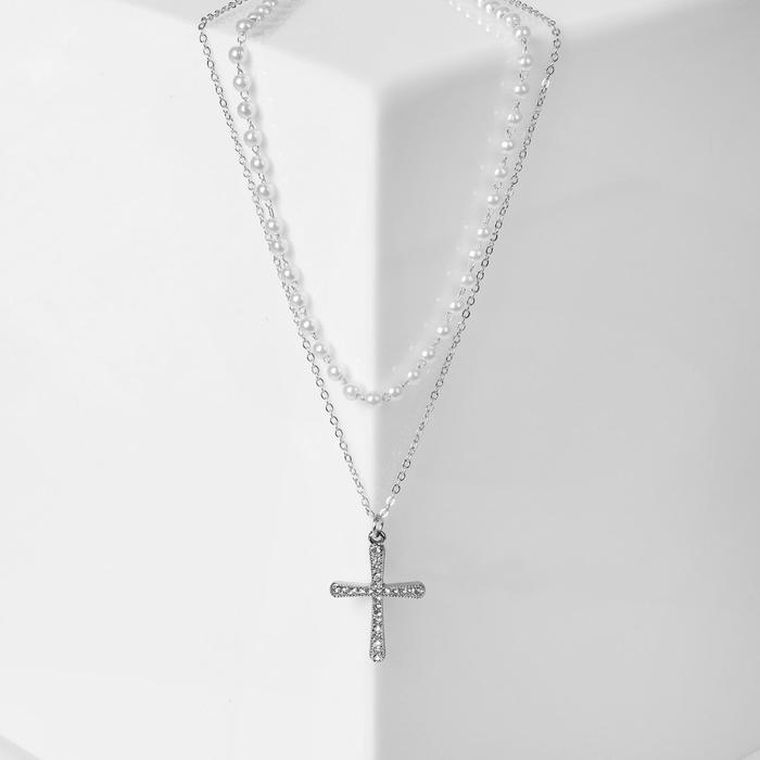 Кулон «Цепь» нить из жемчуга, крестик плавный, цвет белый в серебре, 35 см