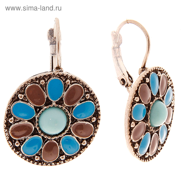 Серьги с эмалью «Круг» старинные мотивы, цвет коричнево-голубой - Фото 1