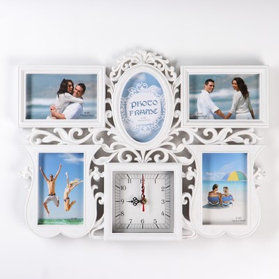 Фоторамка-коллаж на 5 фото с часами настенными «Эмина», бесшумные, 49×36 см, 12×12 см