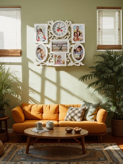 Фоторамка-коллаж на 6 фото с часами настенными Family, бесшумные, 45×37 см, d=11.5 см