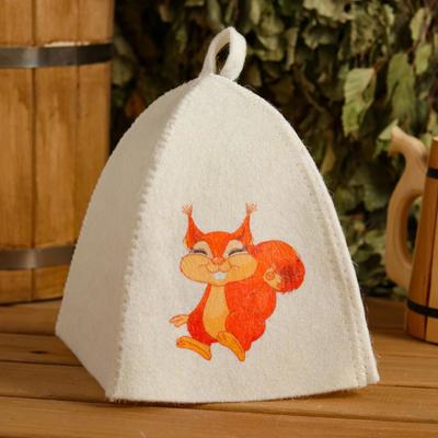 Шапка для бани и сауны детская, с принтом «Белочка», полиэфир 20%, шерсть 80%, белая, «Добропаровъ»