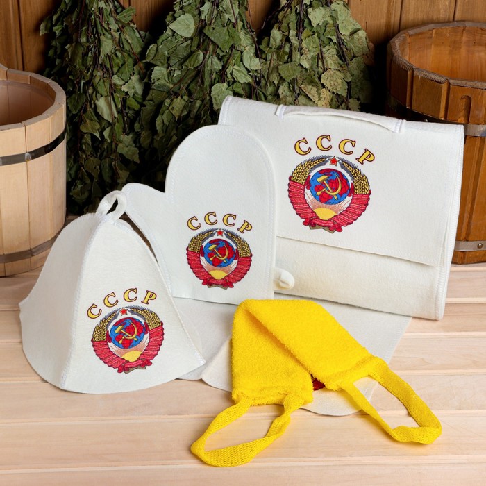 Набор для бани и сауны 5 в 1(сумка,шапка,варежка,коврик,мочалка),с принтом "СССР" , белый - фото 1905702755