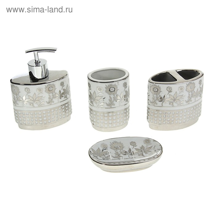 Набор аксессуаров для ванной комнаты, 4 предмета (мыльница, дозатор для мыла, 2 стакана), цвет серый - Фото 1