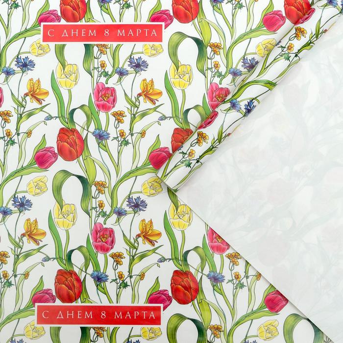 Бумага упаковочная глянцевая «Тюльпаны на 8 марта», 70 х 100 см - фото 119055589