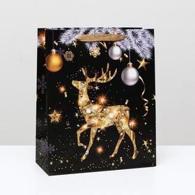 Пакет ламинированный "Золотистый олень", 26 x 32 x 12 см