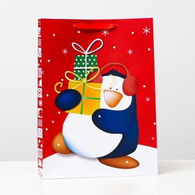 Пакет ламинированный "Пингвин с подарками", 31 x 42 x 12 см
