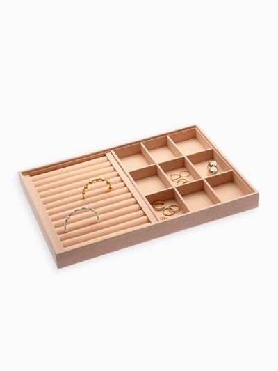 Подставка для украшений QF 9 ячеек и 12 полос для колец, флок, 35×24×3 см, бежевая