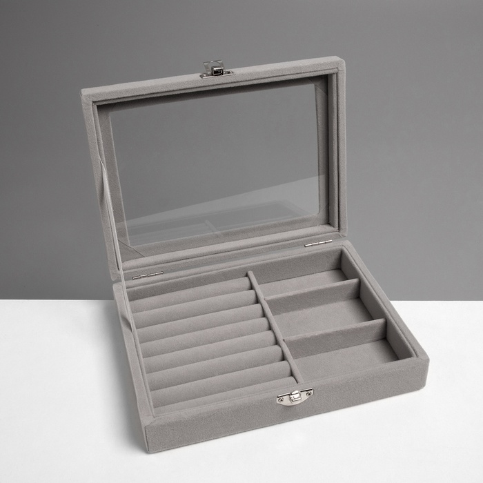 Шкатулка для украшений, 7 полос, 3 ячейки, 20×15×4.5, серая - Фото 1