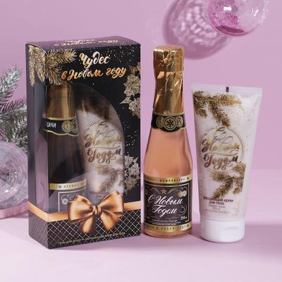 Набор «С Новым годом!»: гель для душа, 250 мл, аромат шампанского; мерцающий крем для тела, аромат кокоса, 200 мл