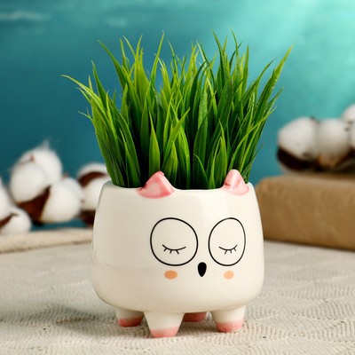 Декоративный горшок для цветов «Счастливый Совёнок», керамический, 200 мл, 8×8×8 см, на ножках, белый