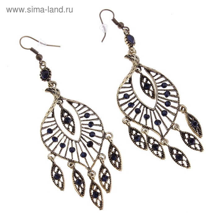 Серьги висячие со стразами «Эллипс» ажурный, цвет чёрно-белый в чернёном золоте - Фото 1