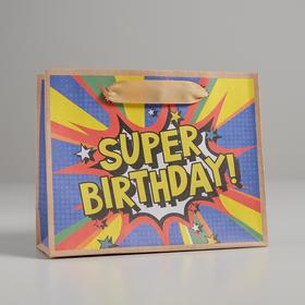 Пакет подарочный крафтовый горизонтальный, упаковка, «Super birthday», S 15 х 12 х 5,5 см