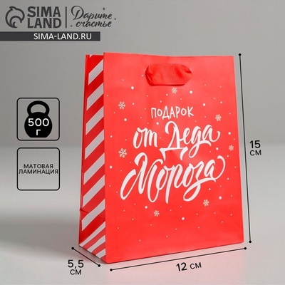 Пакет подарочный новогодний ламинированный «Подарок от Деда Мороза», S 12×15×5.5 см