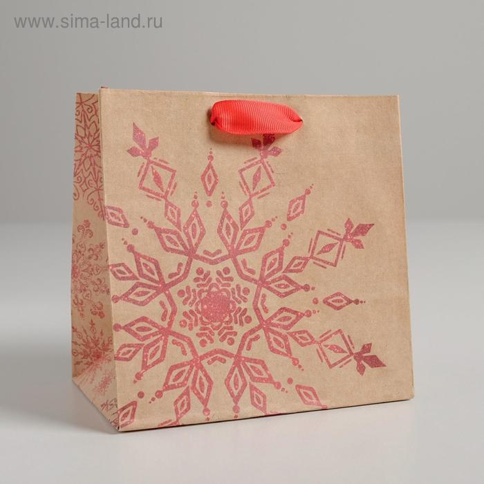 Пакет крафтовый квадратный «Снежинка», 14 × 14 × 9 см - Фото 1