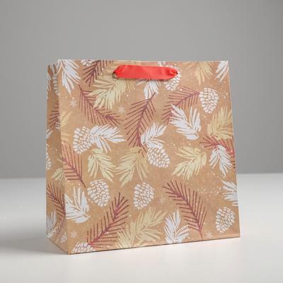 Пакет крафтовый квадратный «Веточки и шишки», 22 × 22 × 11 см