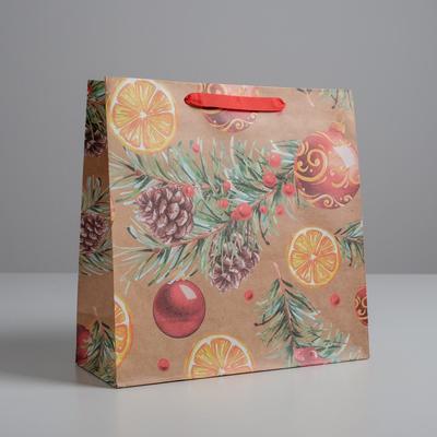 Пакет крафтовый квадратный «Новогоднее настроение», 30 × 30 × 12 см