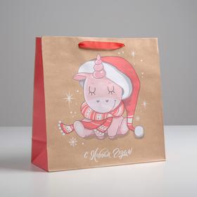 Пакет крафтовый квадратный «Новогодний малыш», 30 × 30 × 12 см