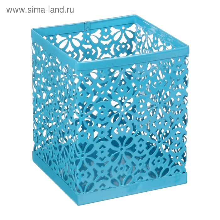 Стакан для пишущих принадлежностей, квадратный с узором, металлический, голубой - Фото 1