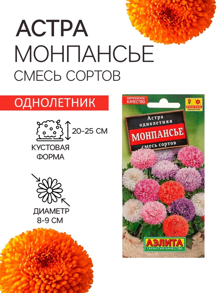 Семена цветов Астра «Монпансье», смесь окрасок, 0.2 г, однолетник, «Аэлита» - Фото 1