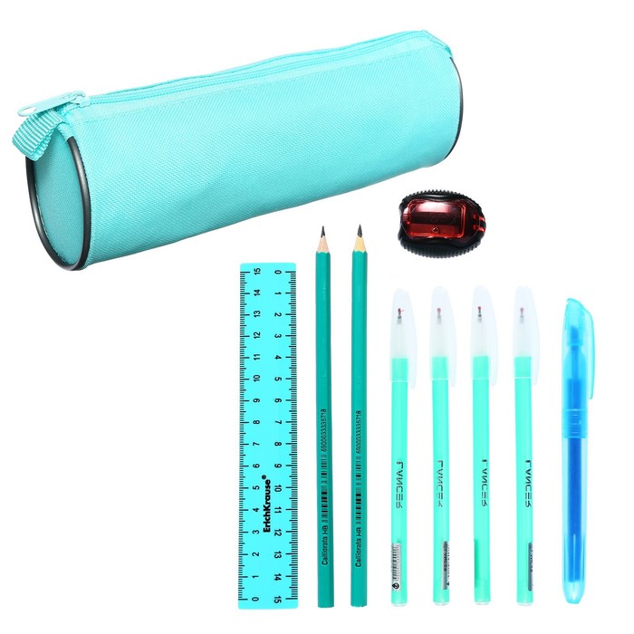 Набор канцелярский 10 предметов (Пенал-тубус 65 х 210 мм, ручки 4 штуки цвет синий , линейка 15 см, точилка, карандаш 2 штуки, текстовыделитель), бирюзовый - Фото 1