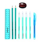 Набор канцелярский 10 предметов (Пенал-тубус 65 х 210 мм, ручки 4 штуки цвет синий , линейка 15 см, точилка, карандаш 2 штуки, текстовыделитель), бирюзовый - Фото 6