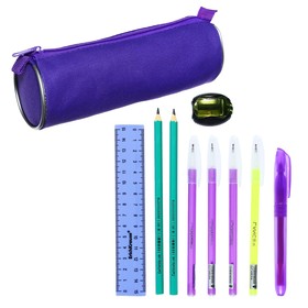 Набор канцелярский 10 предметов (Пенал-тубус 65 х 210 мм, ручки 4 штуки цвет синий , линейка 15 см, точилка, карандаш 2 штуки, текстовыделитель), фиолетовый