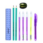 Набор канцелярский 10 предметов (Пенал-тубус 65 х 210 мм, ручки 4 штуки цвет синий , линейка 15 см, точилка, карандаш 2 штуки, текстовыделитель), фиолетовый - Фото 6