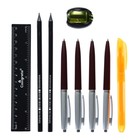 Набор канцелярский 10 предметов (Пенал-тубус 65 х 210 мм, ручки 4 штуки цвет синий, линейка 15 см, точилка, карандаш 2 штуки, текстовыделитель), бордовый - Фото 6