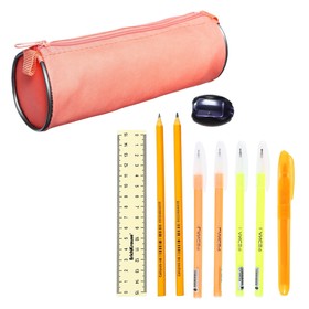 Набор канцелярский 10 предметов (Пенал-тубус 65 х 210 мм, ручки 4 штуки цвет синий , линейка 15 см, точилка, карандаш 2 штуки, текстовыделитель), персиковый