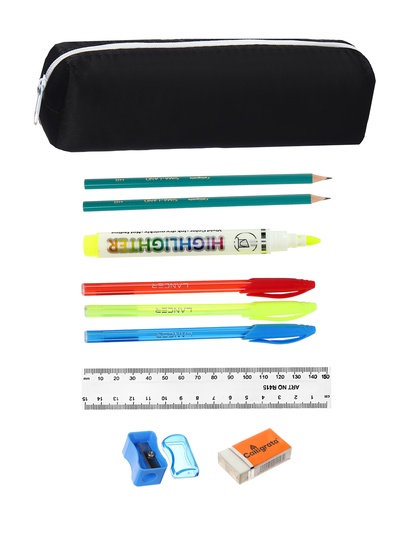 Пенал школьный с наполнением 9 предметов, на молнии, чёрный