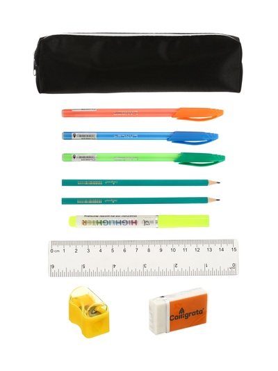 Пенал школьный с наполнением 9 предметов, на молнии, чёрный